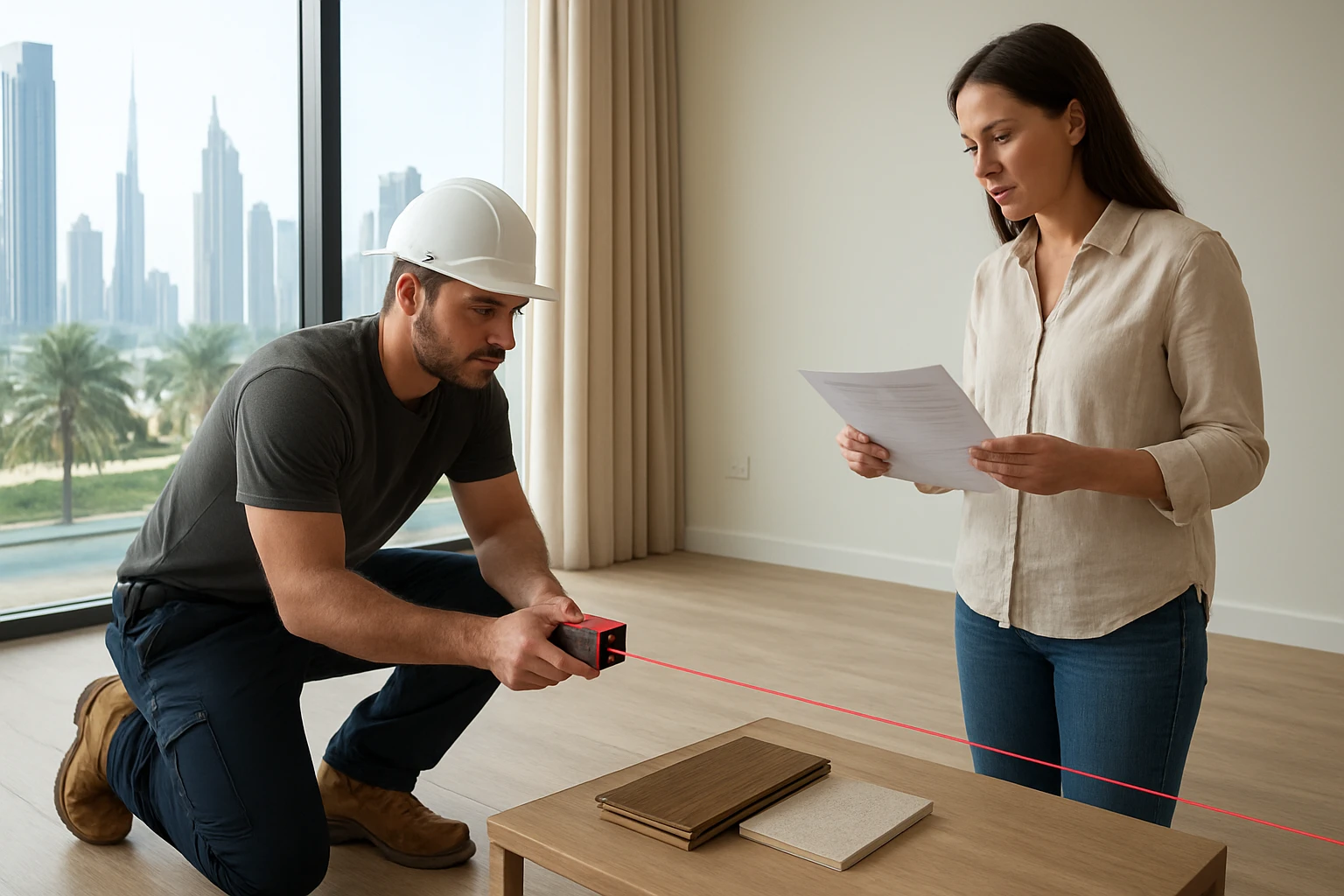 A contractor using a laser distance meter to measure a room while a homeowner reviews a printed flooring scope document in a 