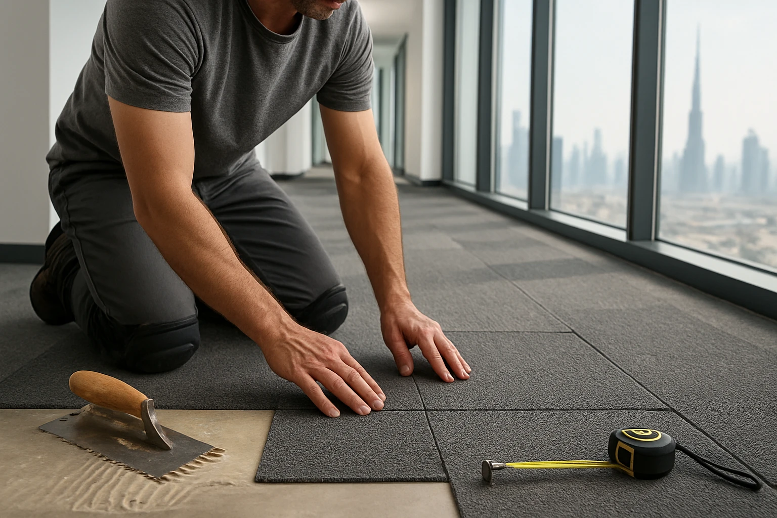 A flooring installer aligning and adhering square carpet tiles in a modern Dubai office corridor with the city skyline visibl