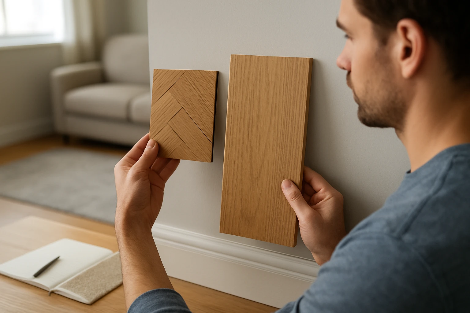 A homeowner holding an oak herringbone parquet panel and an engineered oak plank sample against a living room wall to compare