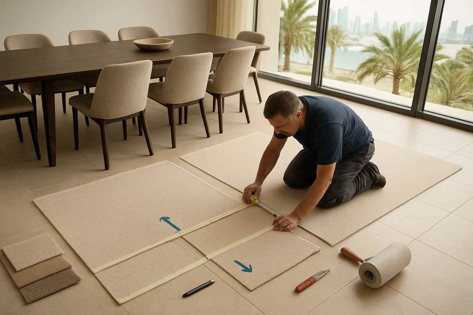 Carpet fitter laying out pre-cut carpet sections on a Dubai dining room floor, marking seams and pile direction with tape.