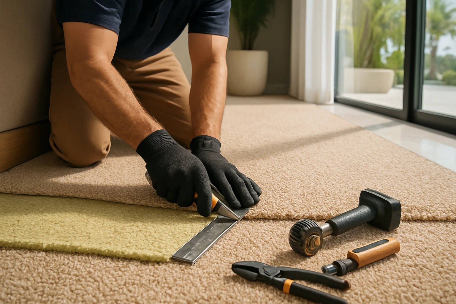 Carpet installer trimming carpet edges and fitting foam underlay by hand inside a modern Dubai villa living room.