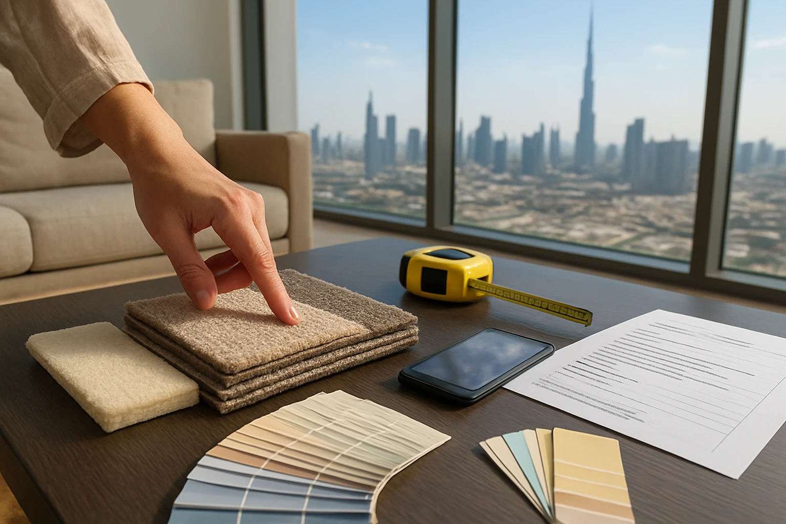Carpet sample swatches, an underlay piece, paint chips, measuring tape and a blurred invoice on a coffee table in a Dubai apa