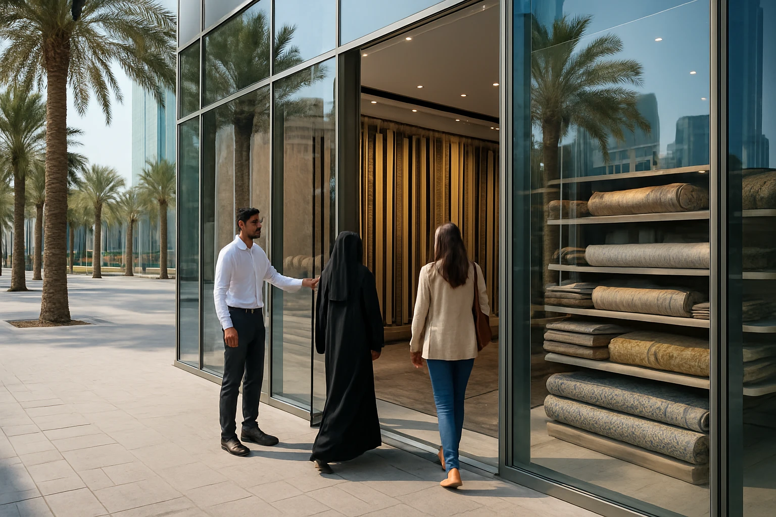 Carpet showroom storefront in Dubai with rolled rugs and hanging sample boards visible through large glass as customers enter