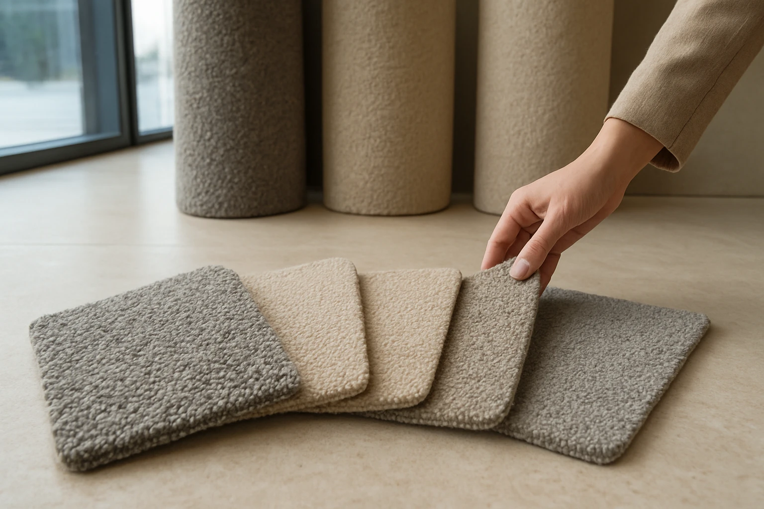Carpet swatches and rolled carpets showing wool, nylon, polyester, polypropylene and triexta textures in a Dubai showroom.