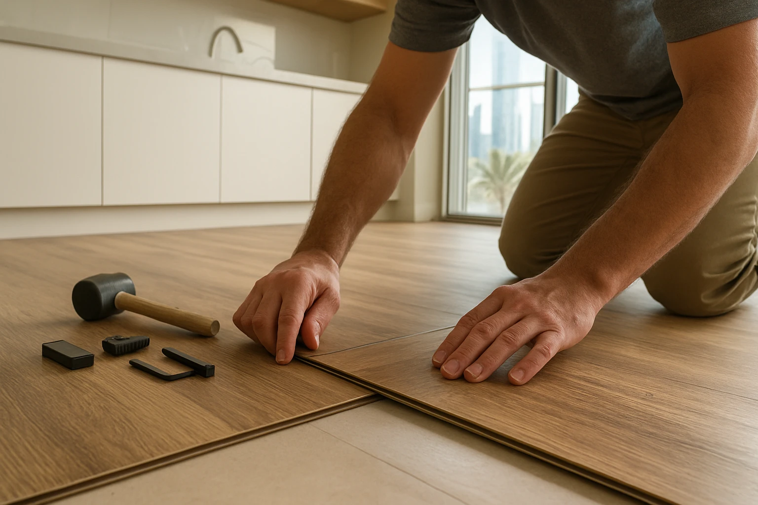 Click-lock vinyl planks being installed in a bright Dubai kitchen, hands aligning wood-grain boards near quartz countertops a