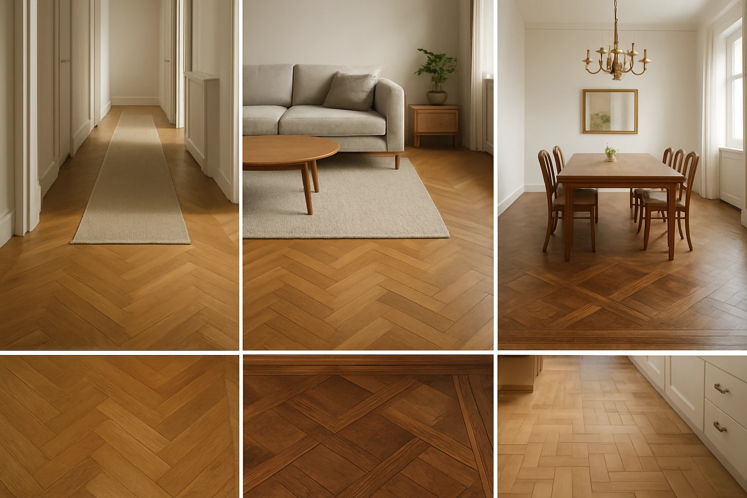 Composite of four rooms showing chevron in a hallway, herringbone in a living room, Versailles in a dining room, and basket w