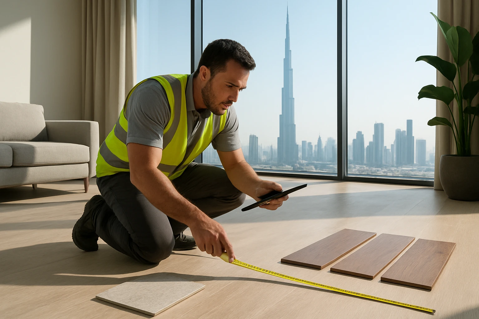 Contractor measuring a Dubai living room floor with a tape measure while pointing at a tablet next to flooring samples.