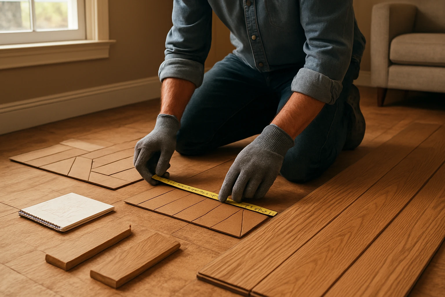 Contractor measuring a living room and laying out parquet pattern templates alongside straight wood plank samples on the floo