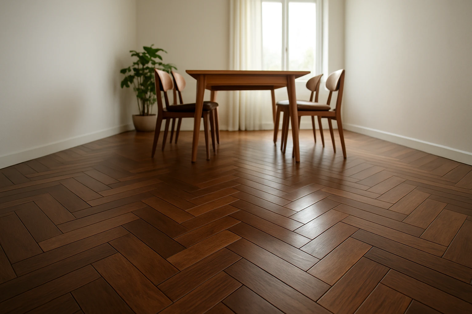 Dark walnut chevron parquet flooring in a modern dining room with V-shaped pattern pointing toward a bright window.