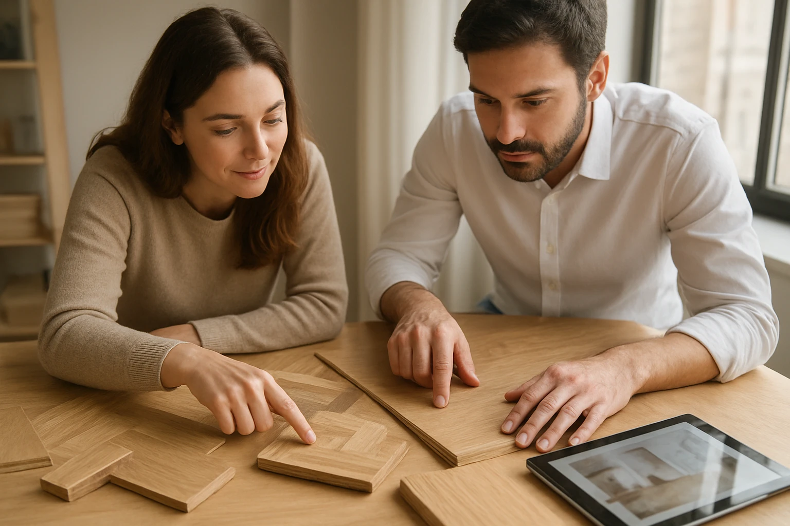 Designer and client comparing parquet herringbone samples, wide wooden plank swatches, and an engineered board cross-section 