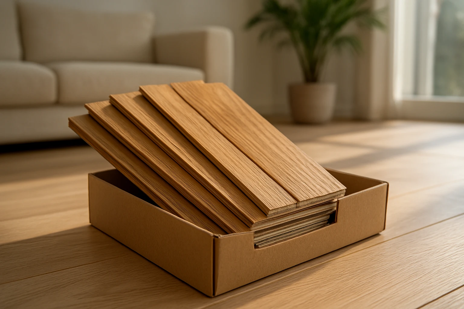 Engineered oak flooring samples fanned on a living room floor with one plank flipped to show a thin hardwood veneer over a pl