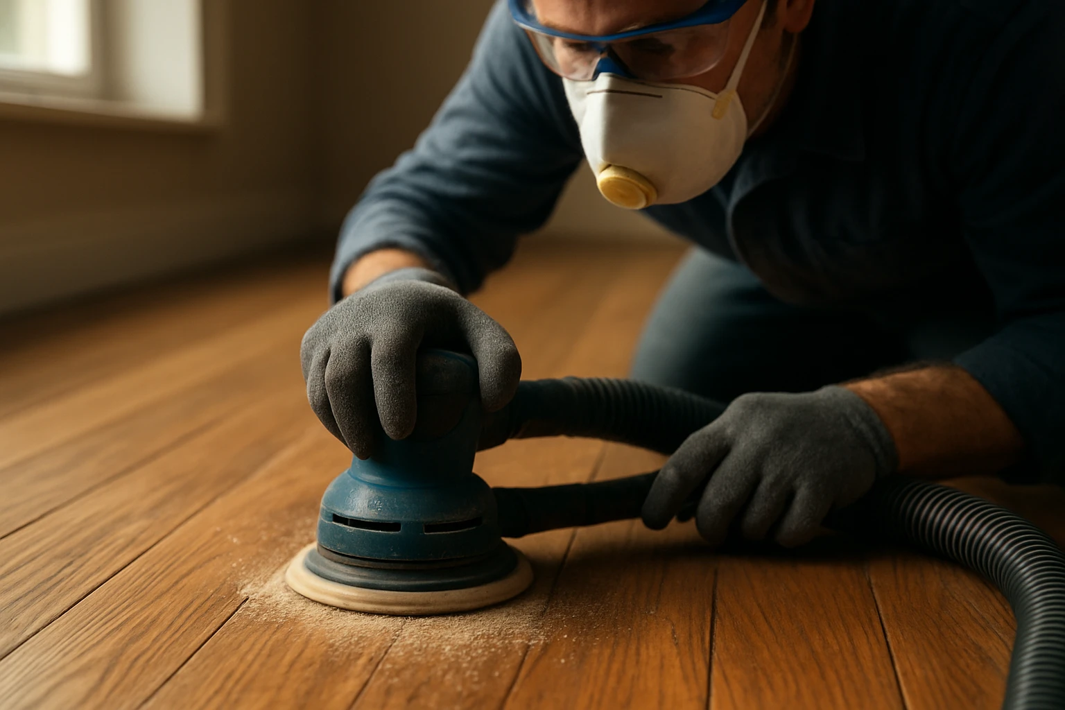 Flooring professional sanding a worn area on a solid wood plank floor with a dust-extraction vacuum nearby.