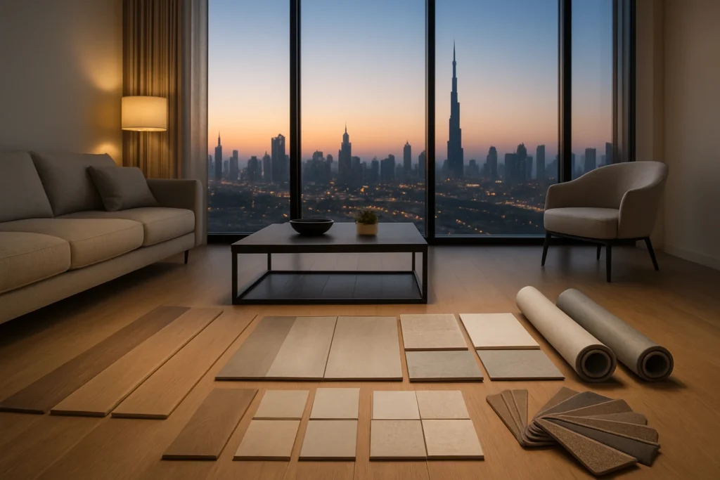 Flooring sample boards and rolls of wood, tile, vinyl and carpet arranged on a Dubai apartment living-room floor with the dus