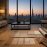 Flooring sample boards and rolls of wood, tile, vinyl and carpet arranged on a Dubai apartment living-room floor with the dus