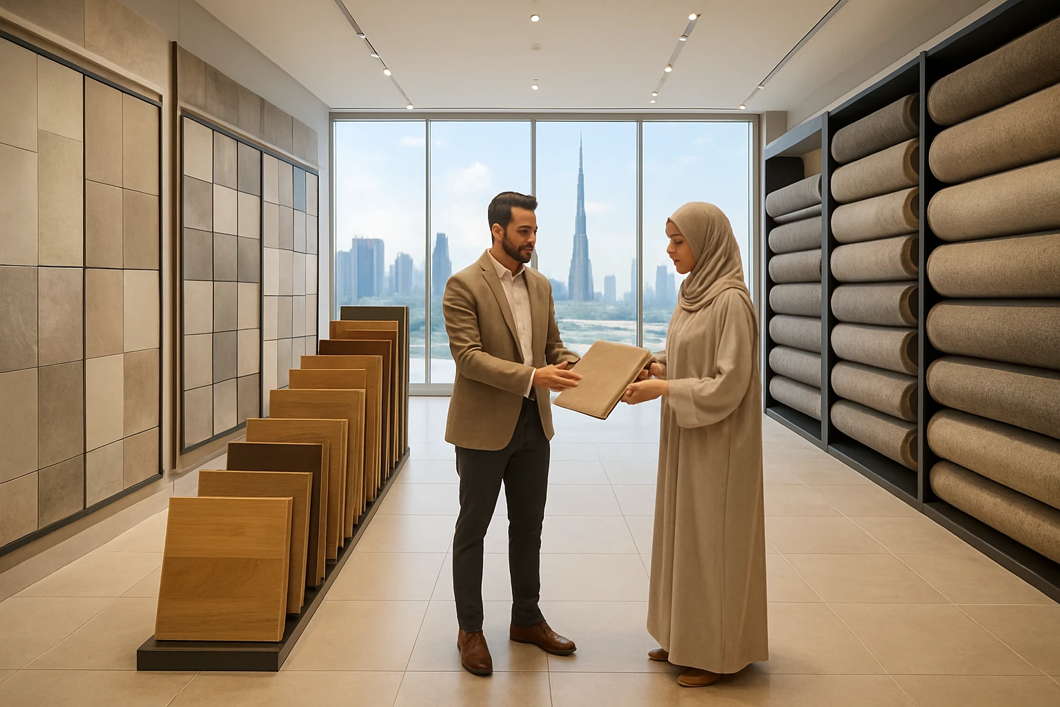 Flooring showroom in Dubai with tile, wood and carpet samples and a salesperson advising a customer, Burj Khalifa visible out