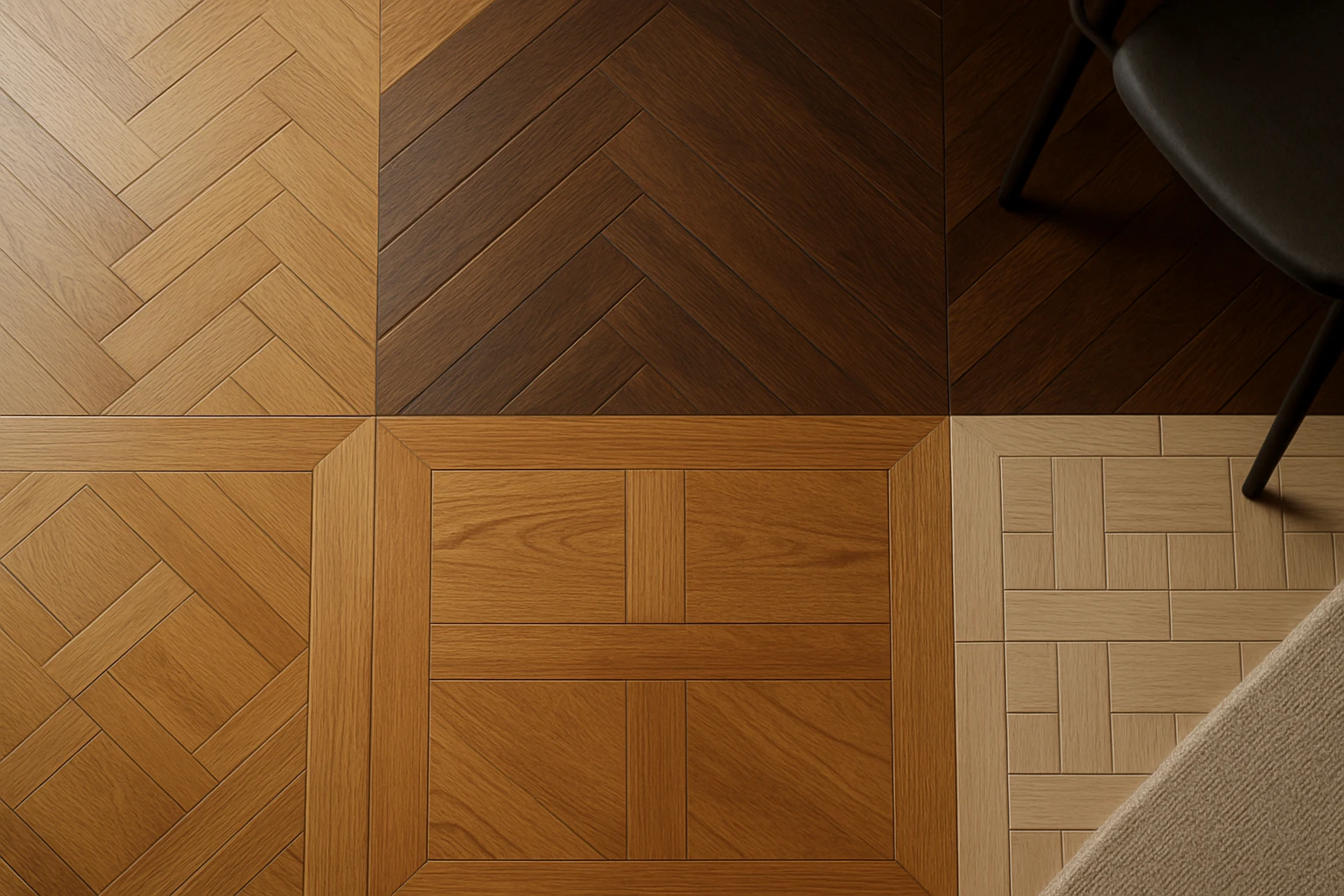 Four adjacent parquet flooring patterns—herringbone, chevron, Versailles panels, and basket weave—in different wood tones vie