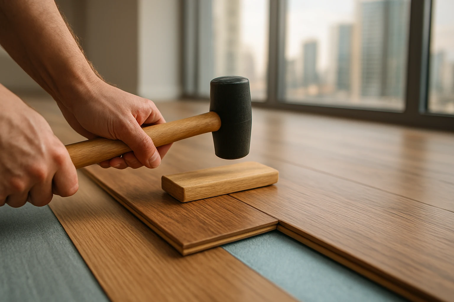 Hands fitting a laminate plank into a click-lock joint using a wooden tapping block and rubber mallet, spacer wedges and unde