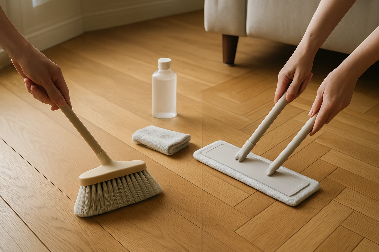 Hands sweeping oak hardwood planks with a microfiber broom while another hand mops nearby herringbone parquet, felt pad under
