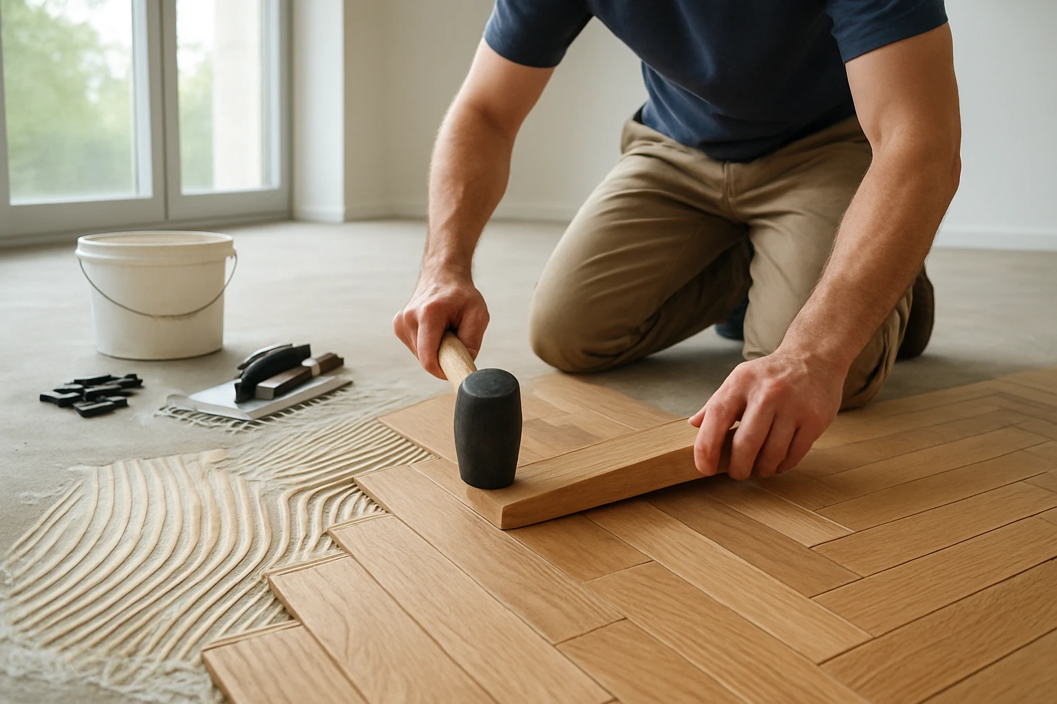 Herringbone parquet being installed with adhesive and a tapping block in a bright modern room.