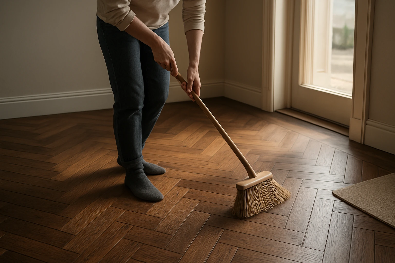 Herringbone parquet floor being gently swept near a sunlit doorway by a homeowner, showing wood grain and satin finish.