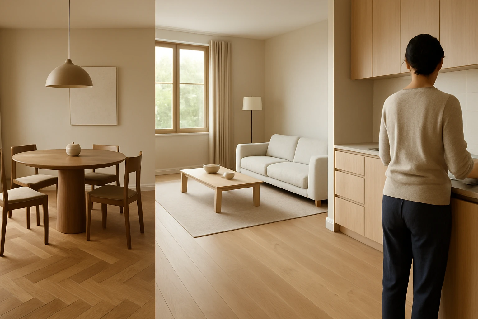 Herringbone parquet in a formal dining room, wide-plank wood across an open living area, and engineered wood flooring in a mo