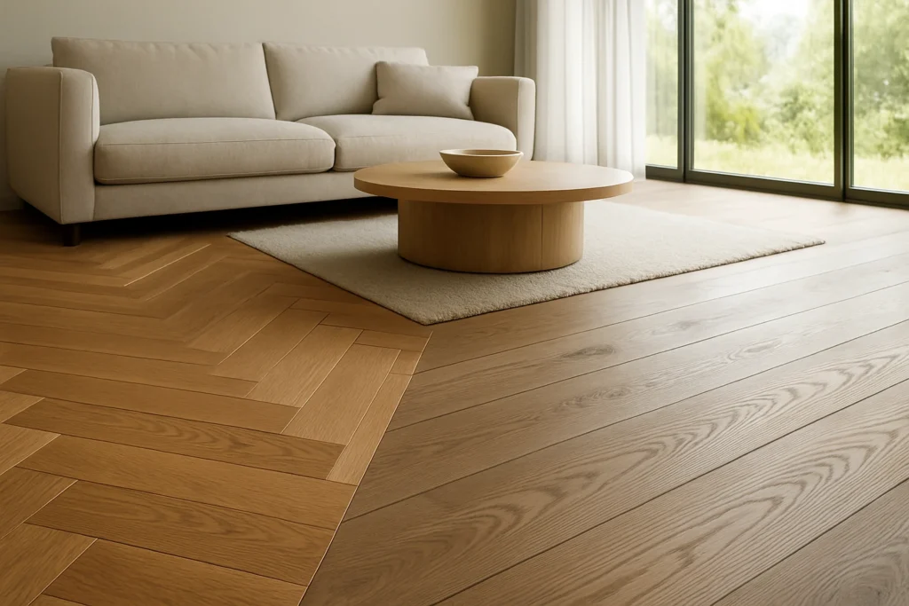 Herringbone parquet in warm oak beside matte wide-plank oak flooring in a modern living room under natural daylight.