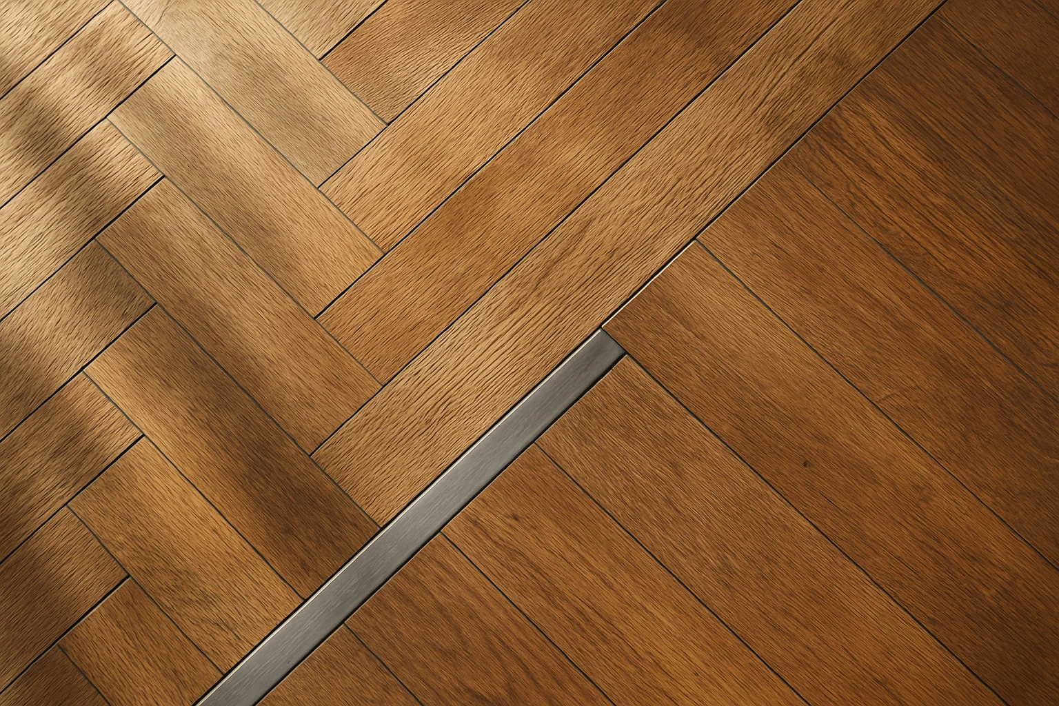 Herringbone parquet of small oak blocks meeting long oak plank flooring at a slim metal transition strip in a residential hal