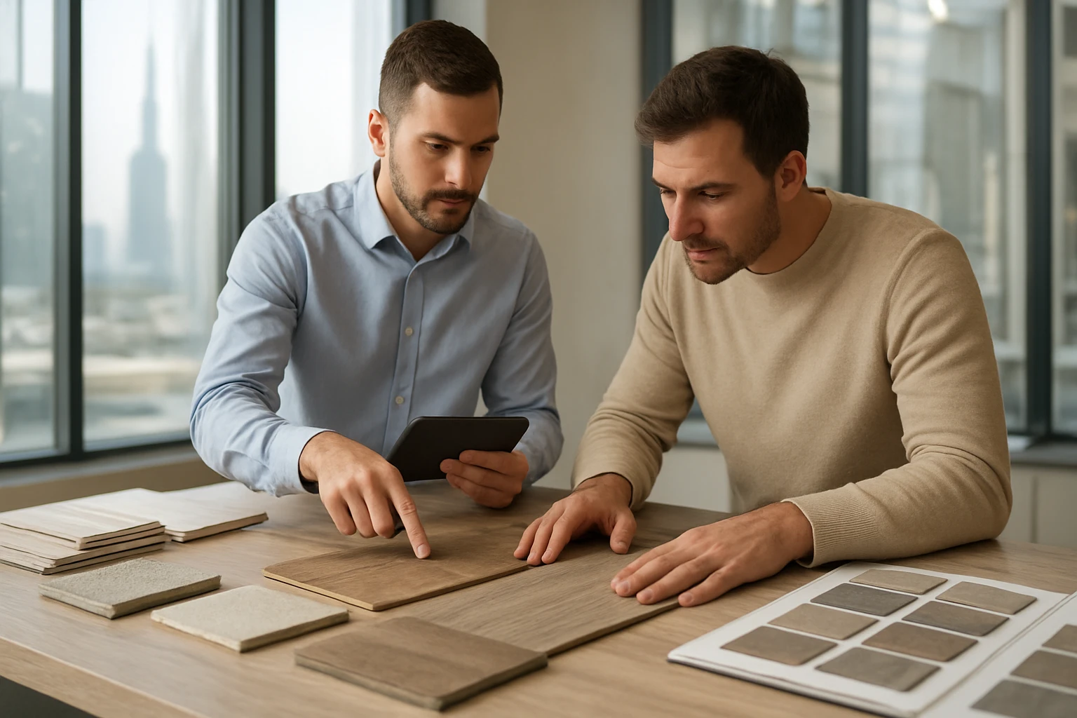 Homeowner comparing laminate and tile samples with a showroom salesperson beside a Dubai window showing the Burj Khalifa silh