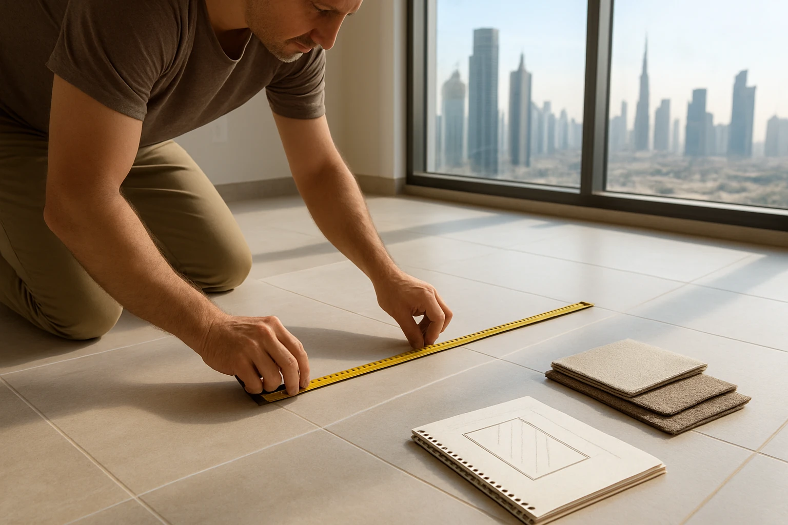 Homeowner measuring a living room for new carpet in a Dubai apartment, tape measure across floor with chalk layout and fabric