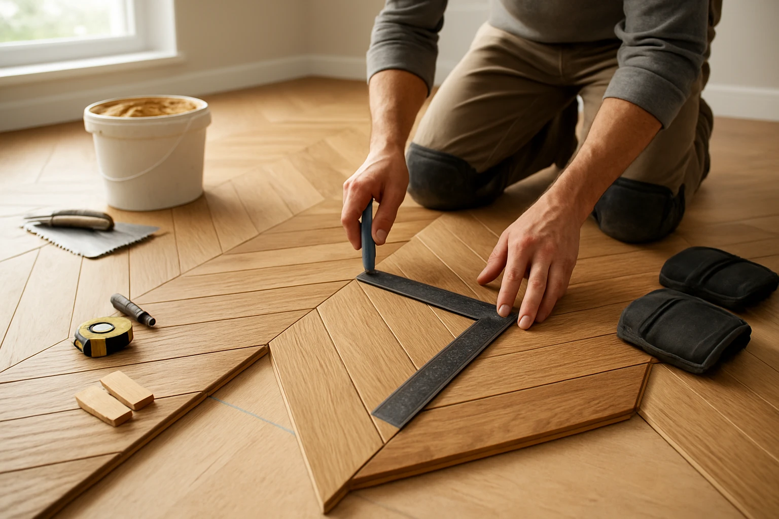 Installer aligning engineered parquet chevron blocks along chalk reference lines on a plywood subfloor with adhesive and tool