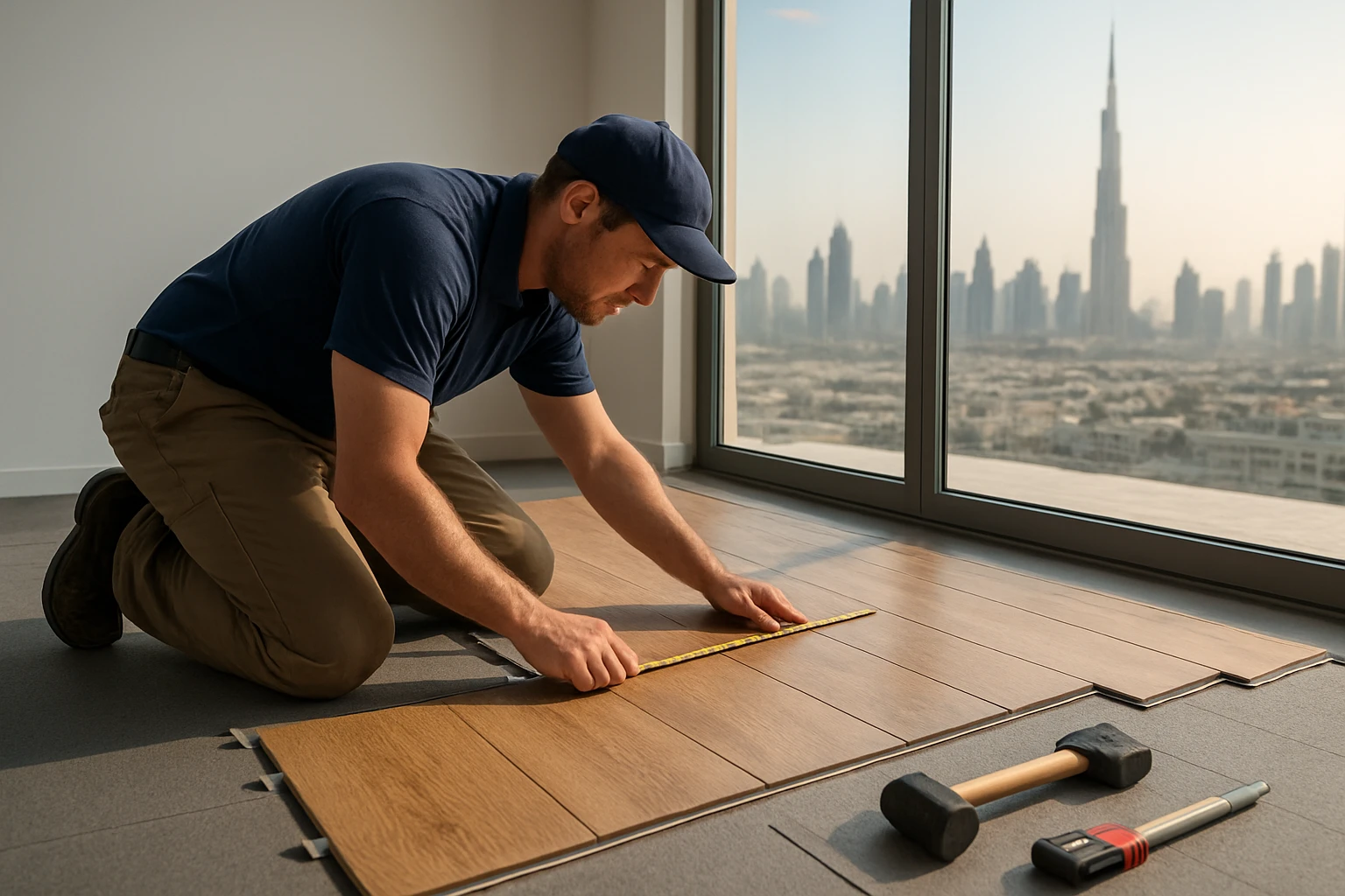 Installer measuring and aligning the first row of wide click-lock laminate planks for a floating floor in a Dubai apartment.