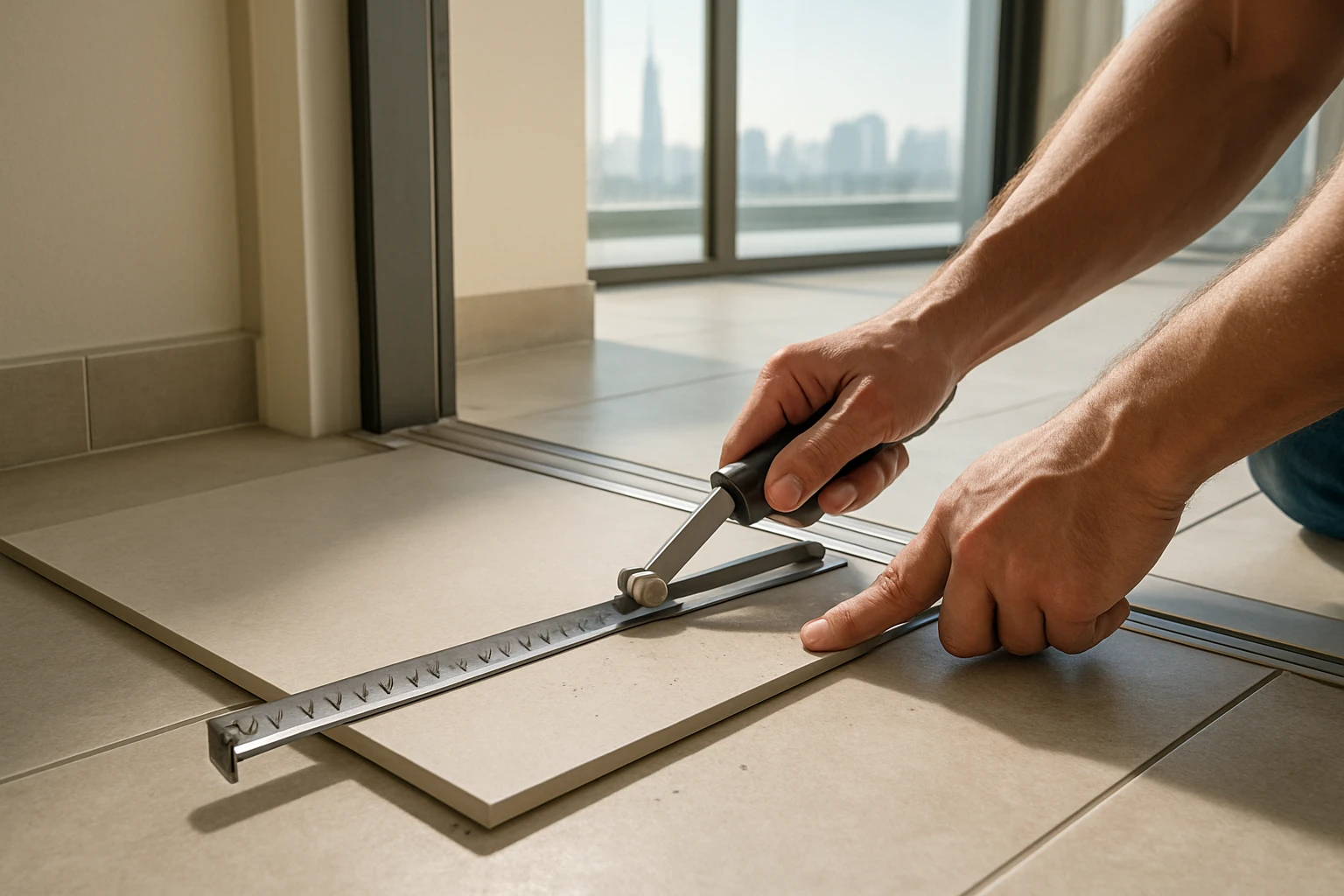 Installer measuring and cutting a porcelain floor tile at a doorway in a modern Dubai apartment with skyline visible.