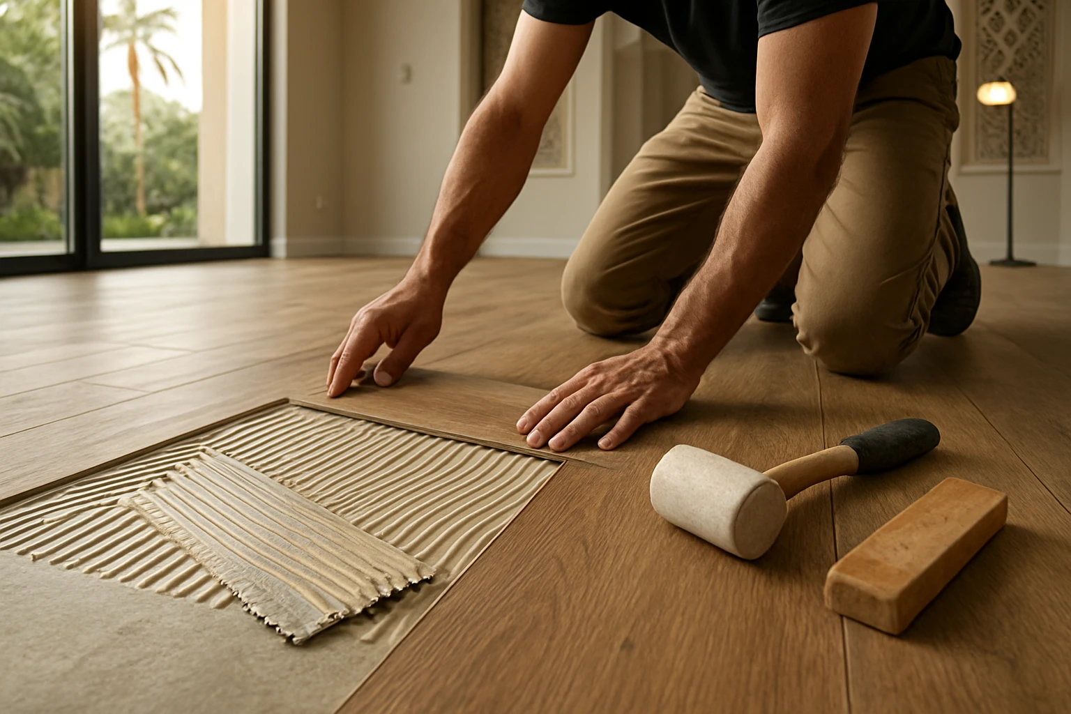 Installer spreading adhesive and aligning LVT planks in a Dubai villa living room with tapping block and rubber mallet visibl