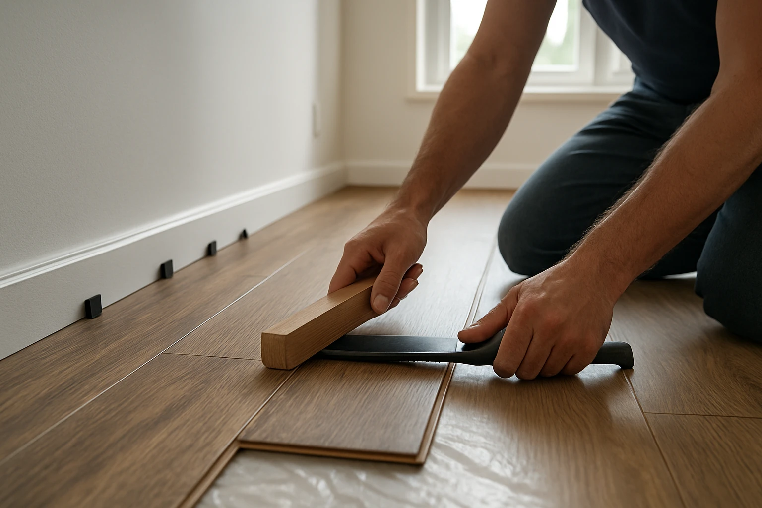Laminate click-lock installation with tapping block