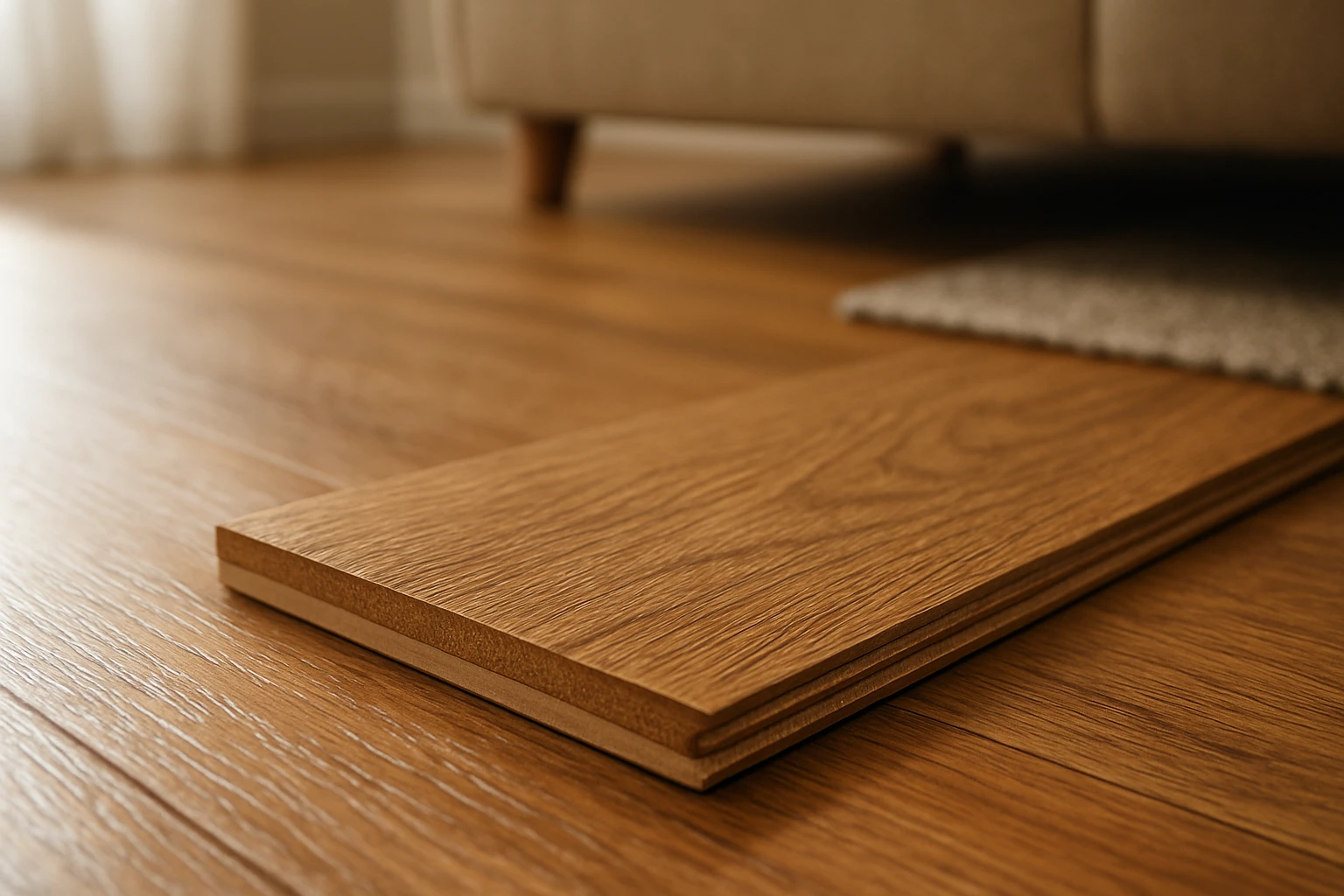 Laminate flooring close up with sofa