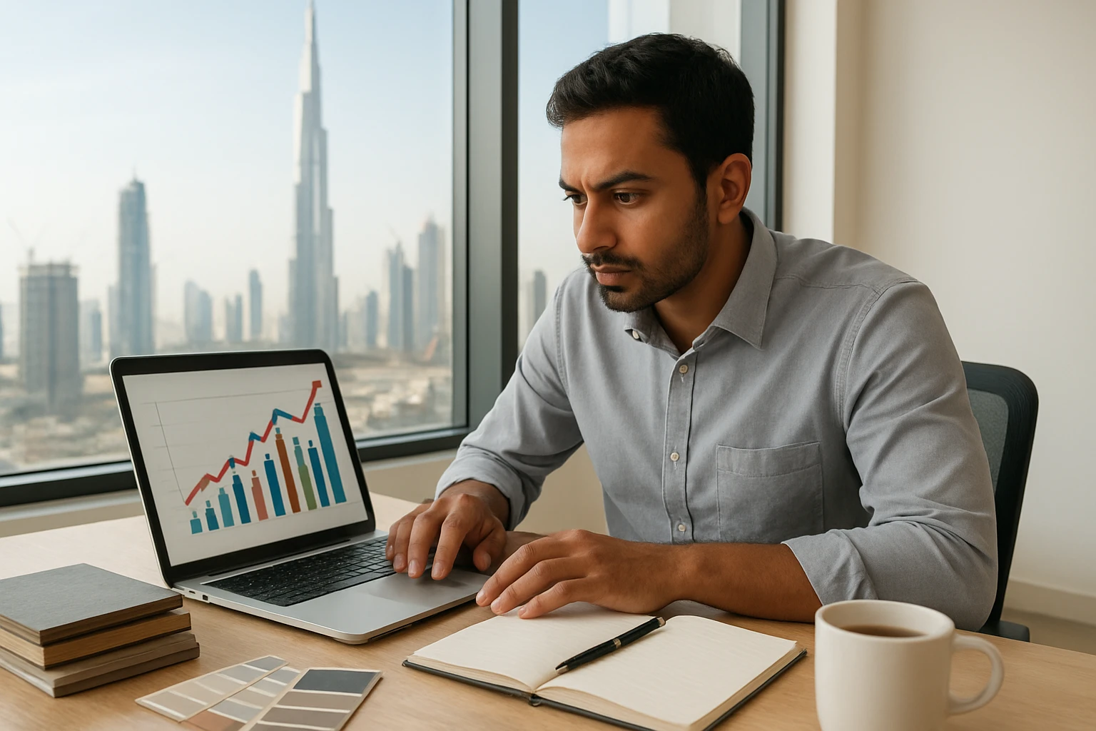 Laminate flooring demand projections on a laptop being reviewed by a business analyst at a desk with laminate samples and Dub