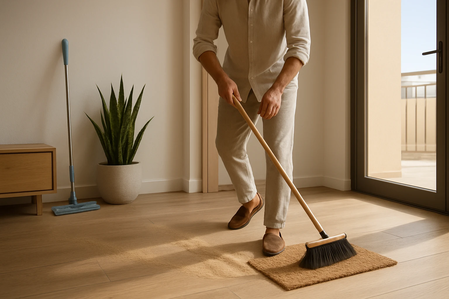 Laminate flooring in a Dubai hallway being swept of fine desert sand toward a coir doormat by a homeowner with a microfiber m