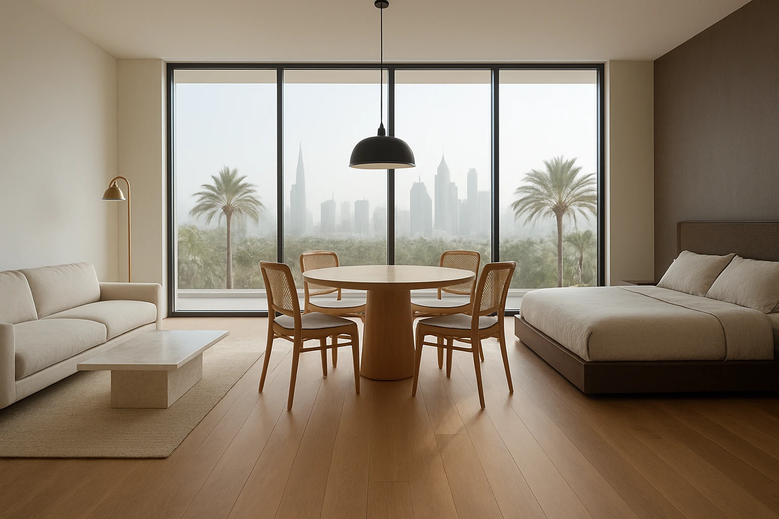 Laminate flooring in three Dubai interiors: pale gray washed oak, warm honey oak, and dark walnut planks in staged rooms.