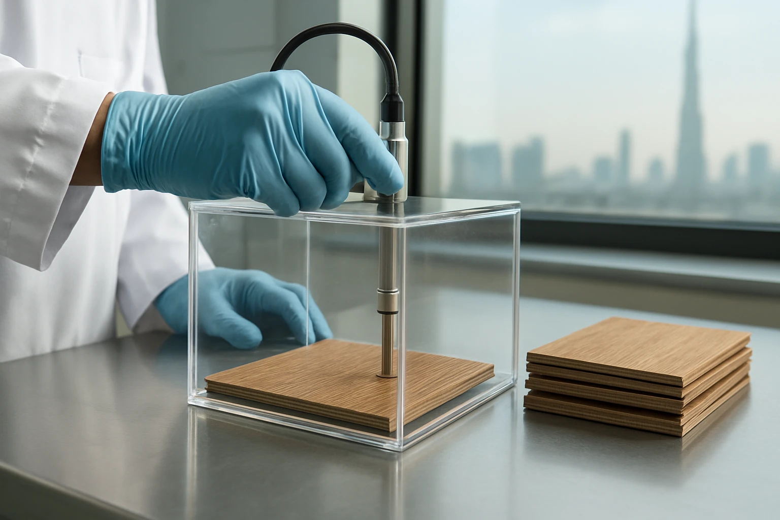 Laminate flooring plank undergoing VOC emission testing in a small glass chamber on a Dubai lab bench as a gloved technician 