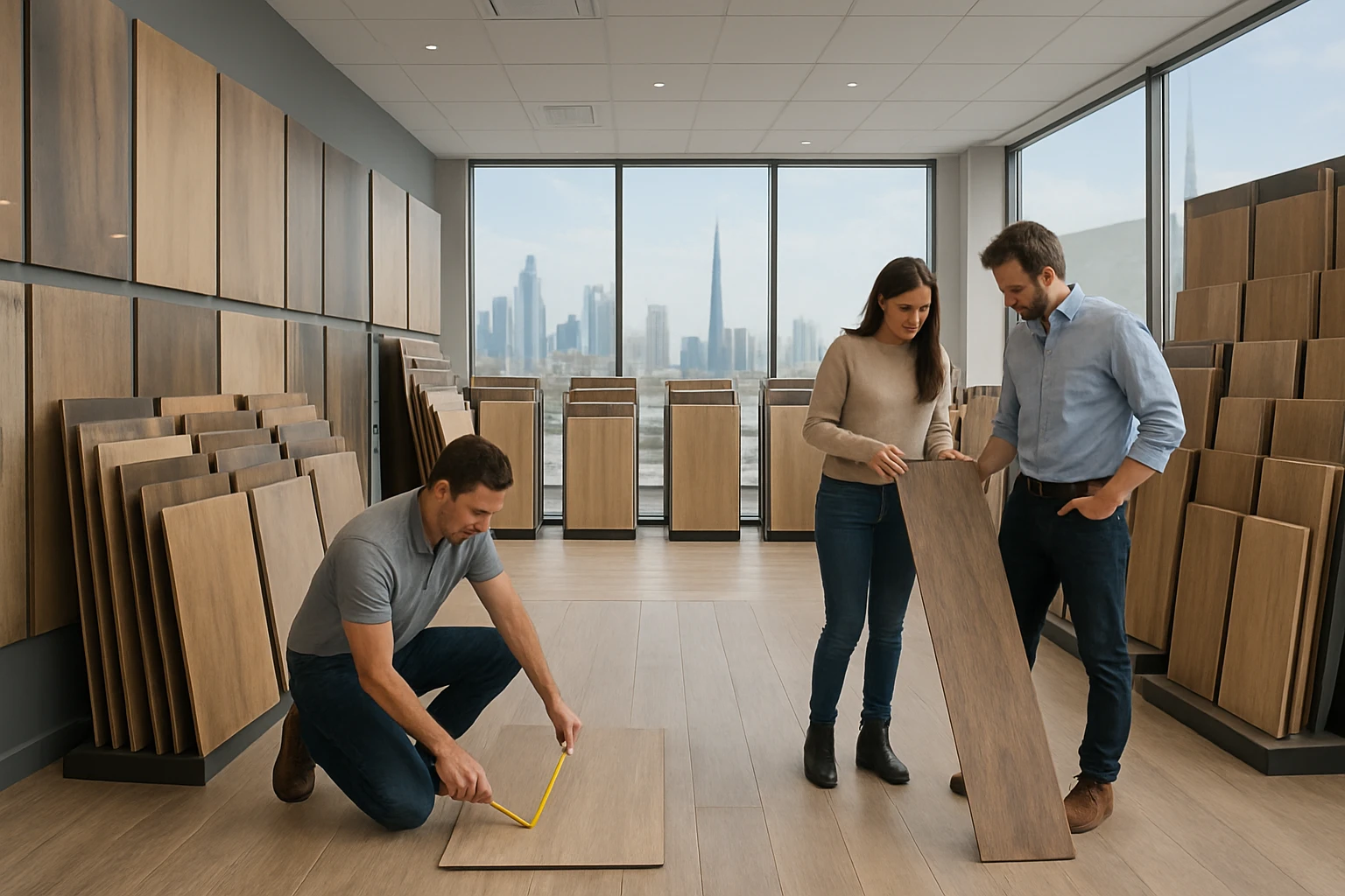 Laminate flooring sample boards in a Dubai showroom as a salesperson measures a plank against a tiled kitchen mockup while cu