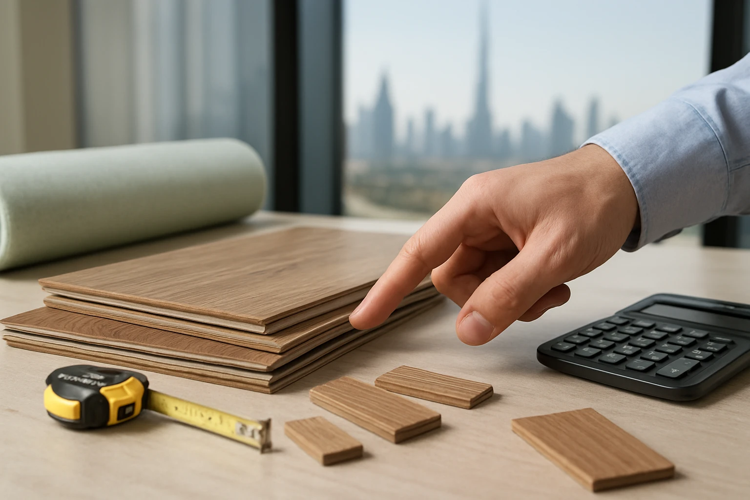 Laminate flooring sample planks, underlay roll and a calculator on a Dubai showroom counter with a blurred Burj Khalifa skyli