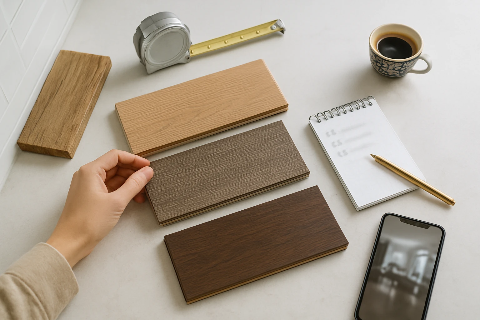Laminate flooring samples and measuring tools on a marble island, a hand selecting a plank while a phone shows a blurred show