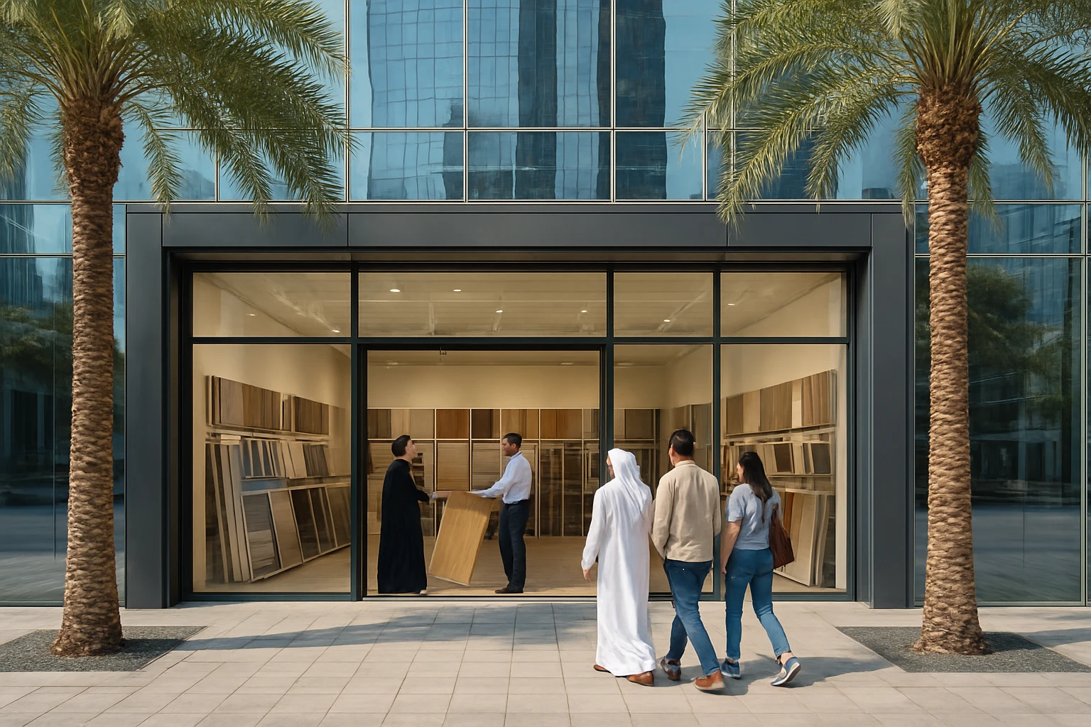 Laminate flooring showroom exterior at a Dubai mall with sample planks visible through the glass and customers entering to in