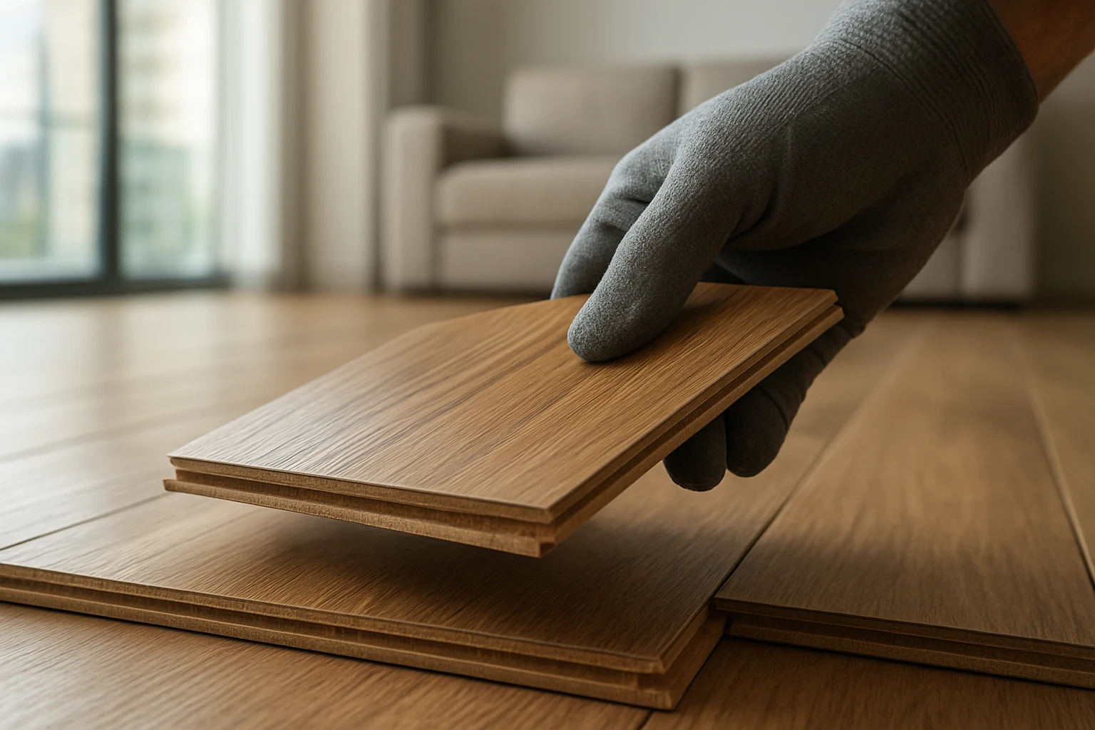 Laminate plank cross-section showing wear layer, decorative wood layer, HDF core and click-lock edge above a living room floo