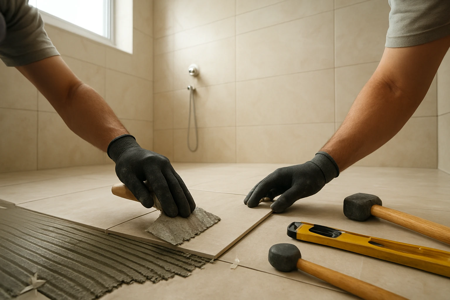 Large-format porcelain tiles being installed in a modern Dubai bathroom, with a worker applying thin-set mortar and visible t