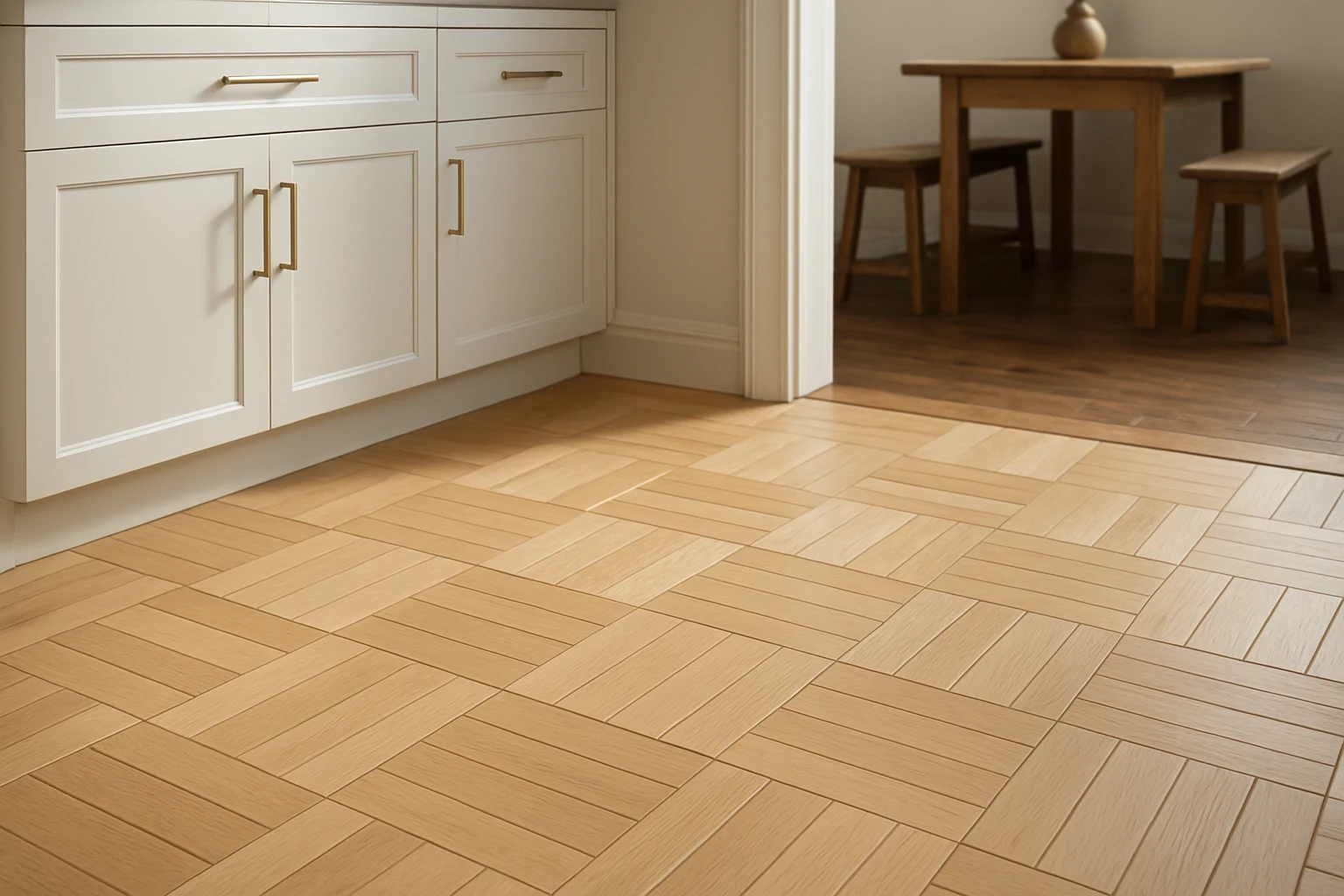 Light maple basket-weave parquet floor beside low kitchen cabinets, with a darker oak brick-pattern parquet visible through a