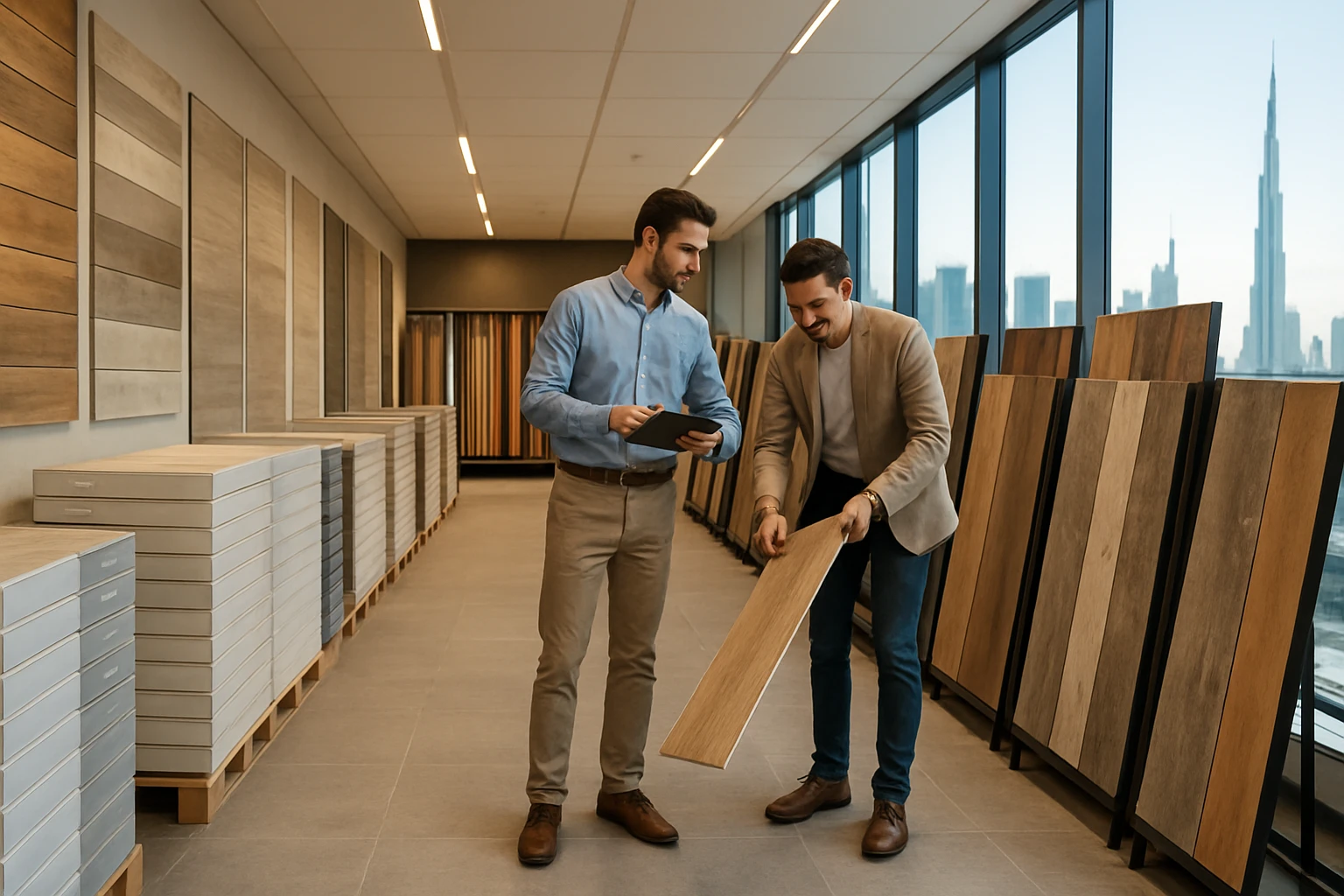 LVT flooring boxes and sample boards in a Dubai showroom with a salesperson showing colour options to a customer.
