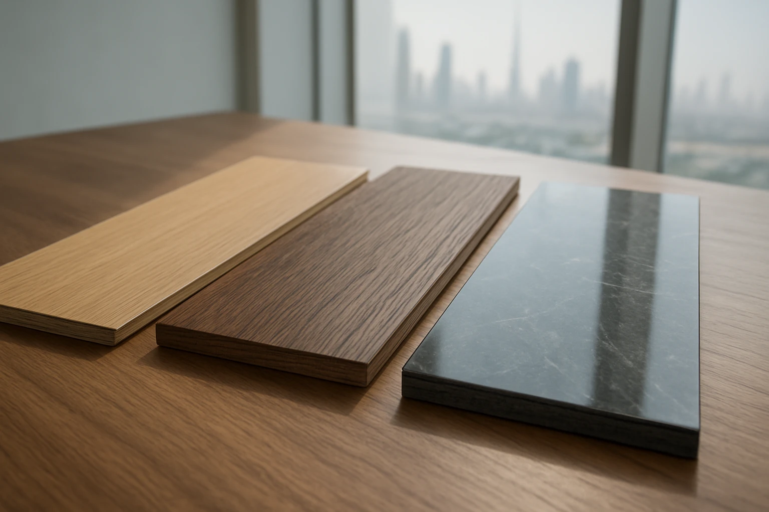 LVT flooring samples: three planks (matte oak, hand-scraped walnut, high-gloss stone) showing different wear-layer thickness 