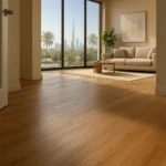 LVT luxury vinyl plank flooring in warm oak with textured grain and groutless seams in a Dubai apartment entry.
