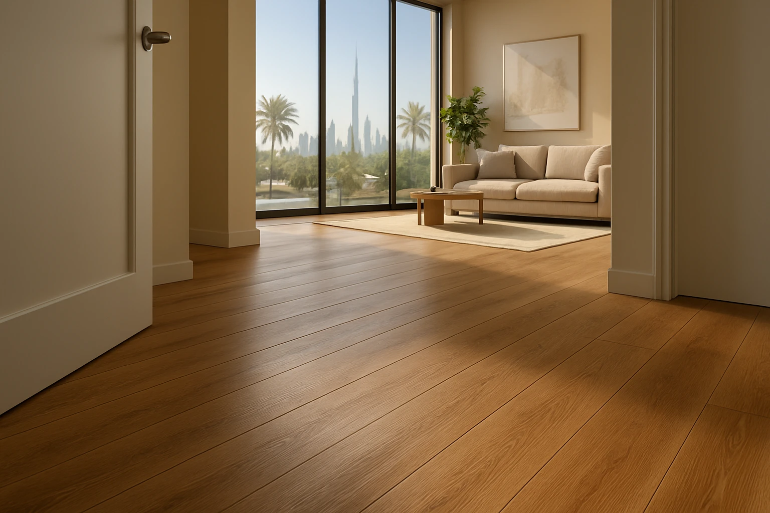 LVT luxury vinyl plank flooring in warm oak with textured grain and groutless seams in a Dubai apartment entry.